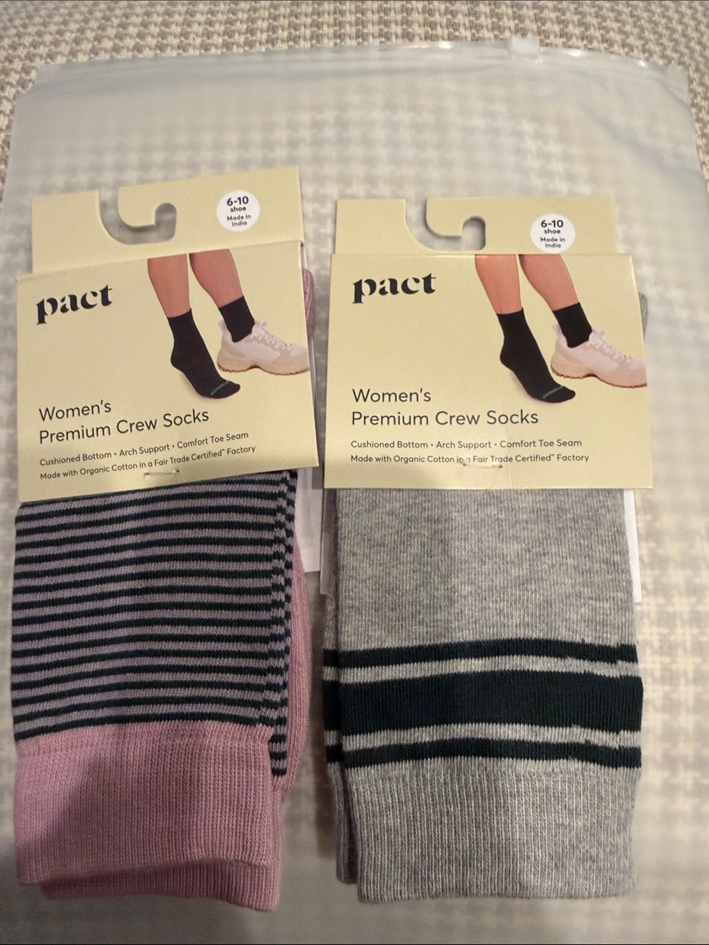 Pact Women's Organic Blend- Crew Socks - Pink & Gray Striped Pairs